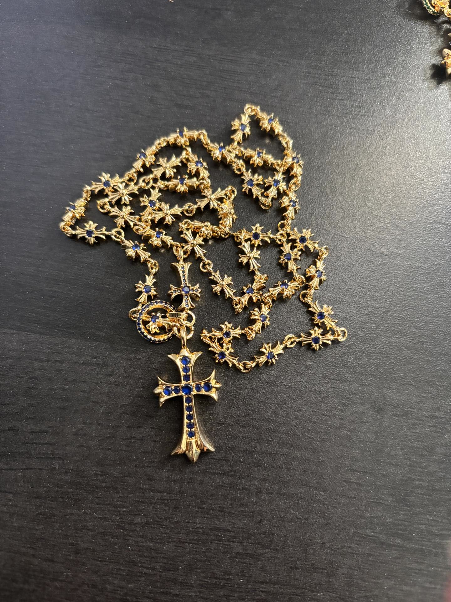 Chrome Hearts Gold Plated Rosary Necklace with Gemstone Cross